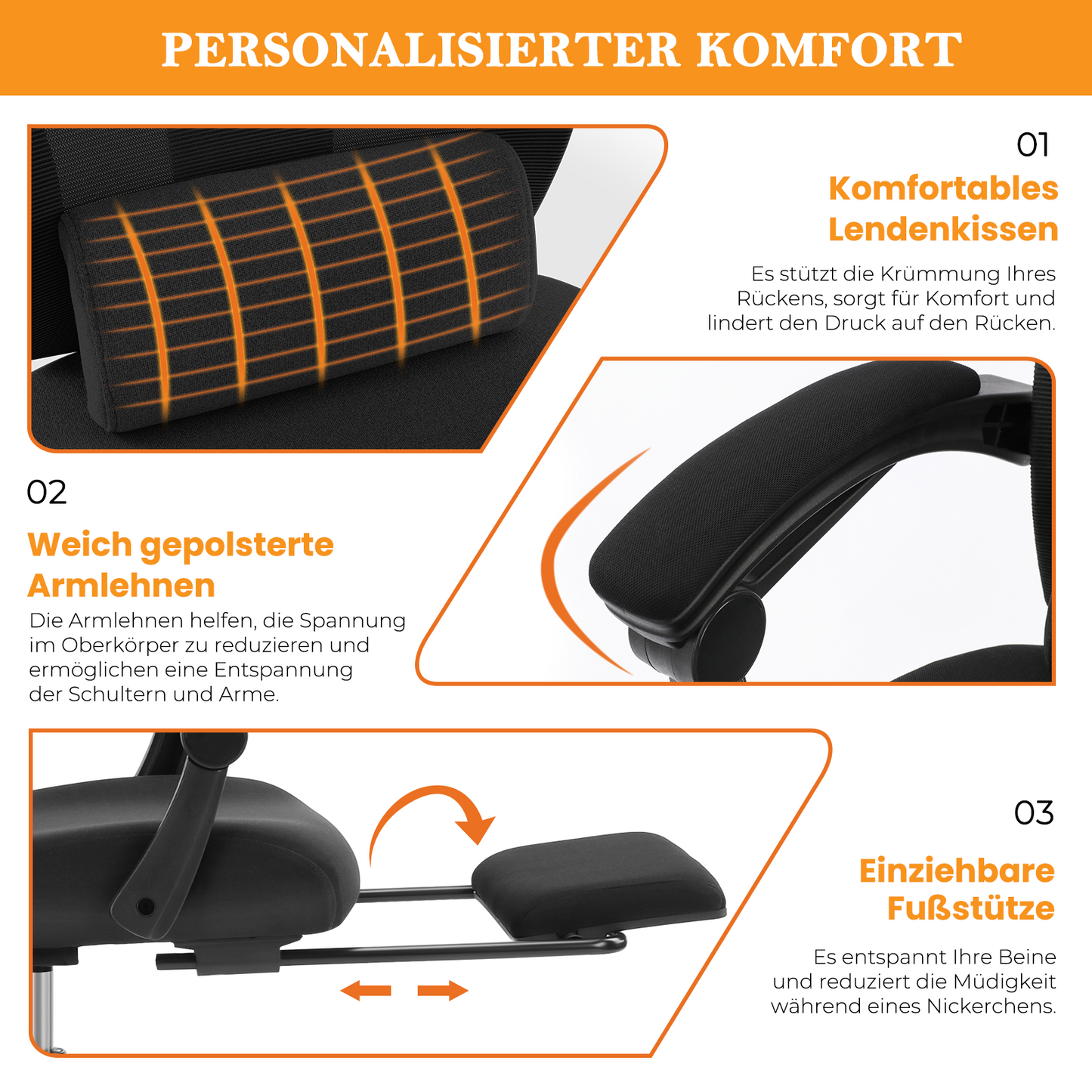 Sweetcrispy Bürostuhl mit Lendenkissen, Sitzkissen und verstellbarer Fußstütze