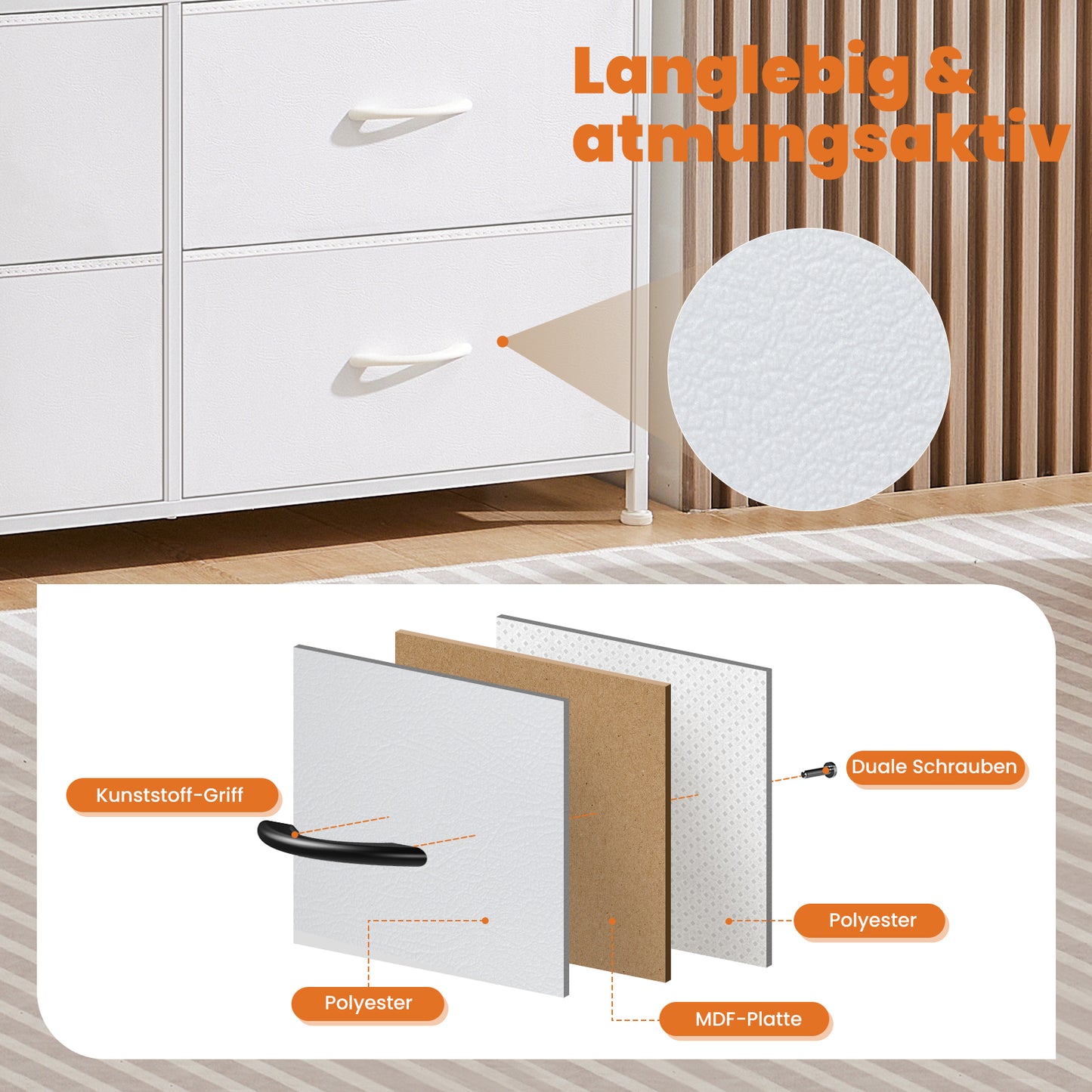 Sweetcrispy Hohe Kommode mit 8 Stoffschubladen für Schlafzimmer und Kinderzimmer