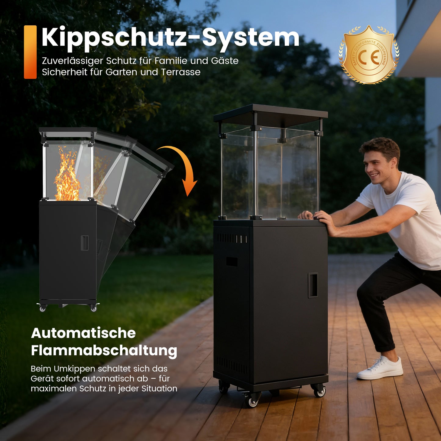 Sweetcrispy Terrassenheizstrahler Gasheizung 11kW mit Rollen und Kippschutz