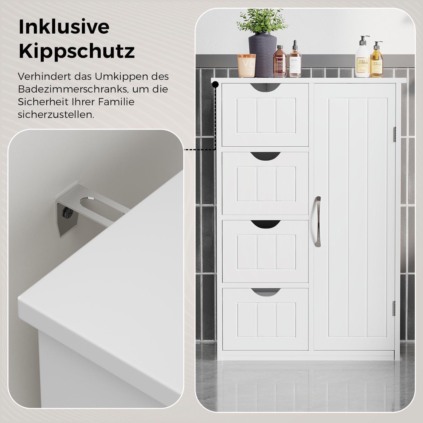 Sweetcrispy Badezimmerschrank Badkommode 24 Zoll, 4 Schubladen + 1 Tür, mit Kippschutz