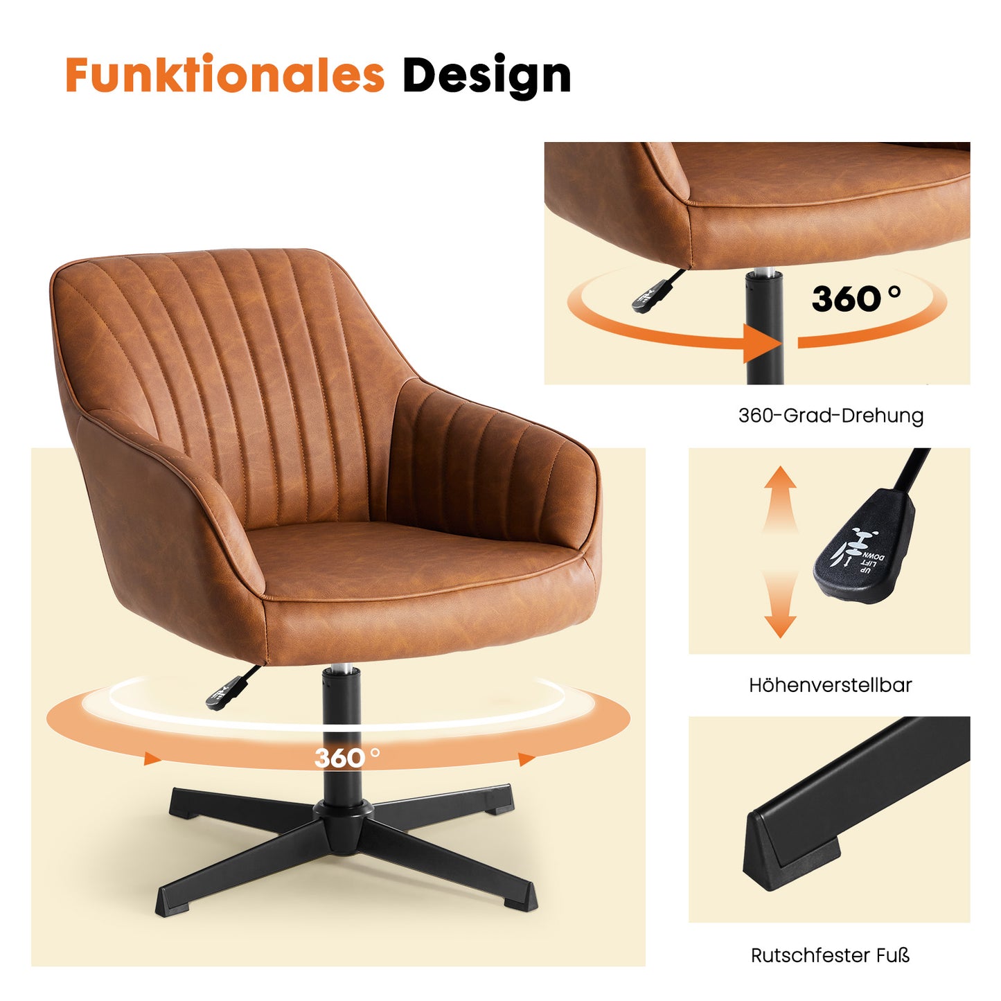 Gepolsterter Drehstuhl mit Armlehnen aus PU-Leder für Esszimmerstuhl
