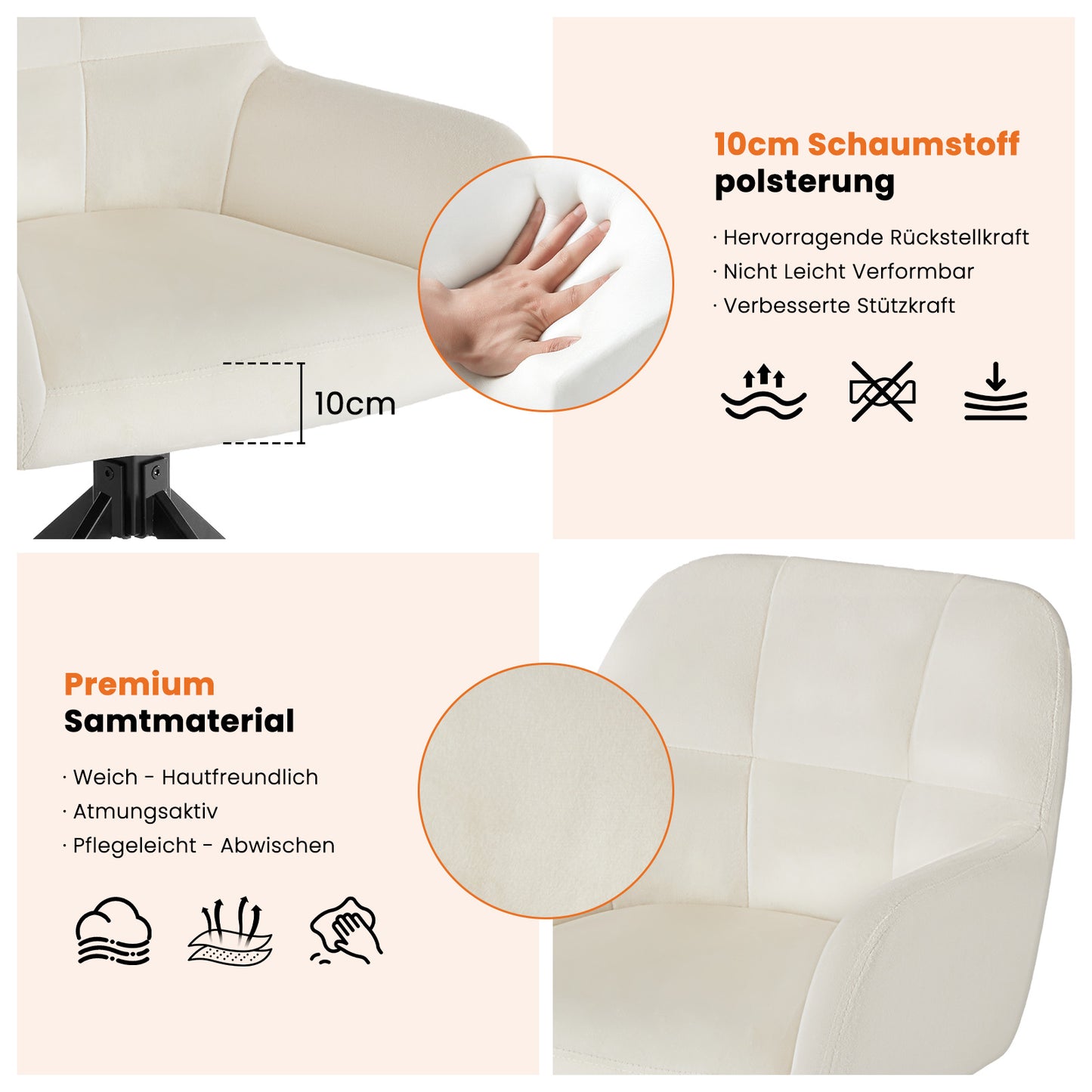 Sweetcrispy 360° drehbarer Samt-Küchenstuhl mit Armlehnen für das Esszimmer