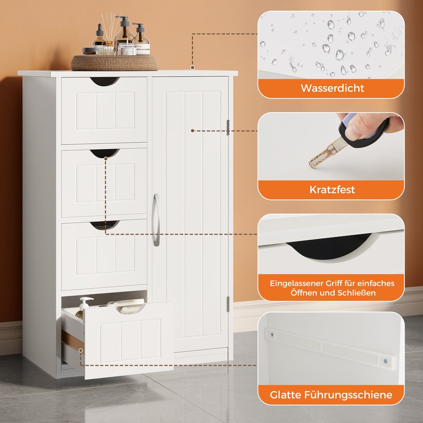 Sweetcrispy Badezimmerschrank Badkommode 24 Zoll, 4 Schubladen + 1 Tür, mit Kippschutz