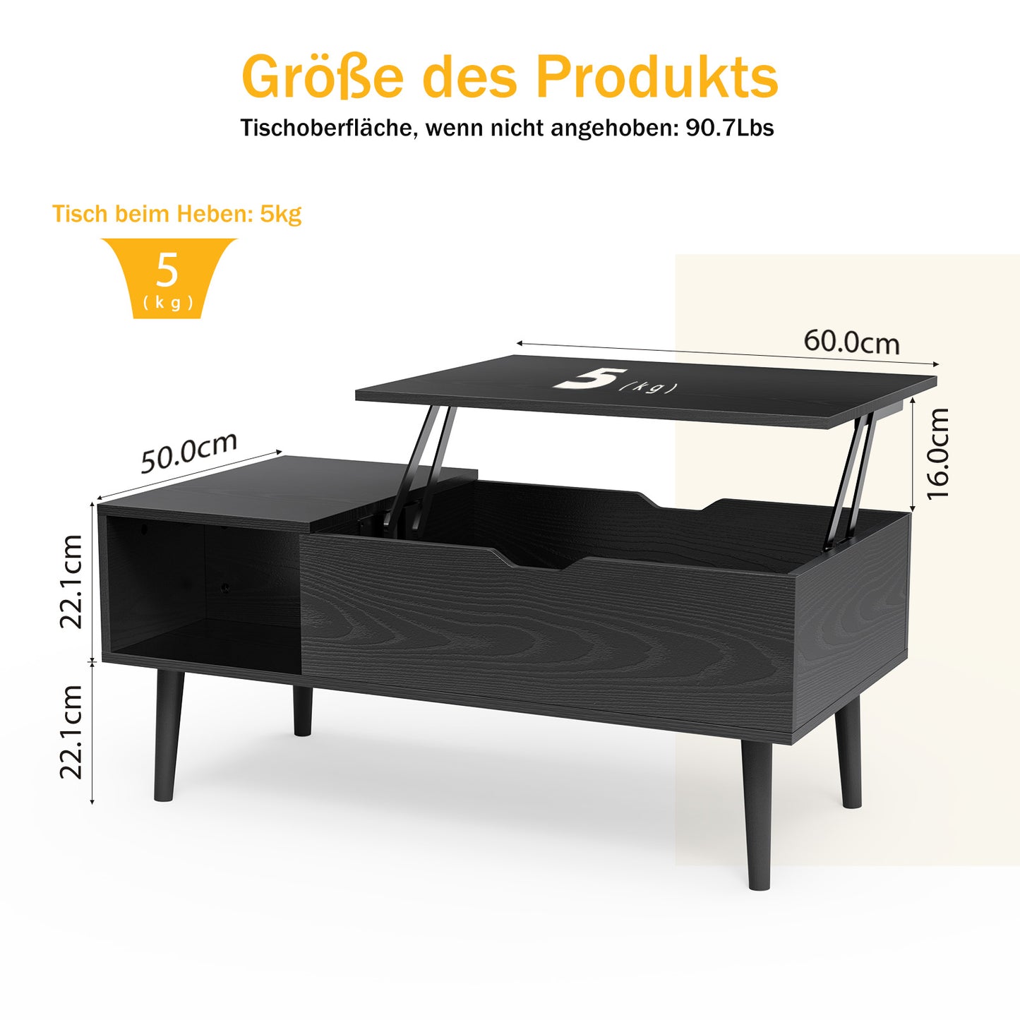 Sweetcrispy höhenverstellbarer Couchtisch mit Stauraumfunktion für das Wohnzimmer