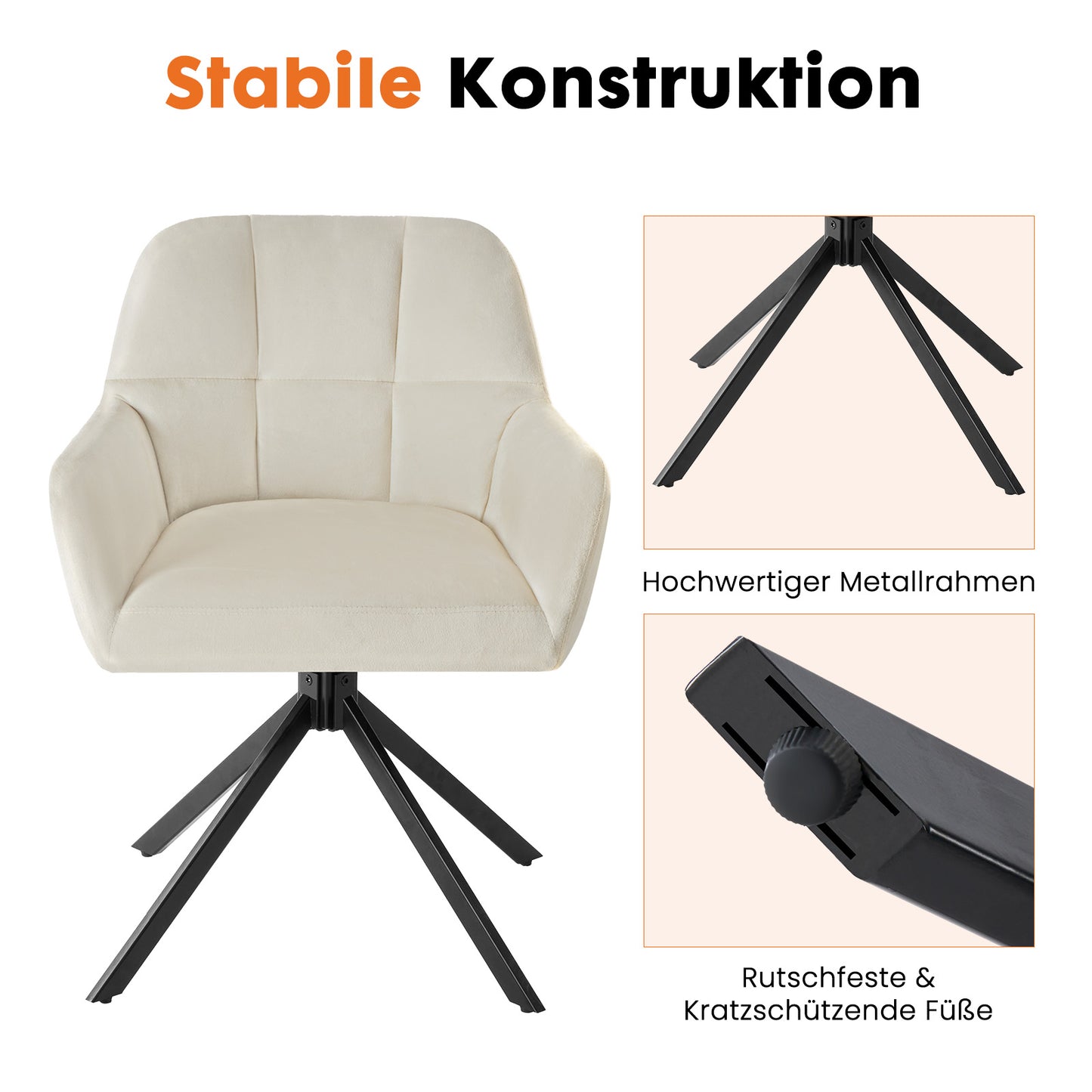 Sweetcrispy 360° drehbarer Samt-Küchenstuhl mit Armlehnen für das Esszimmer