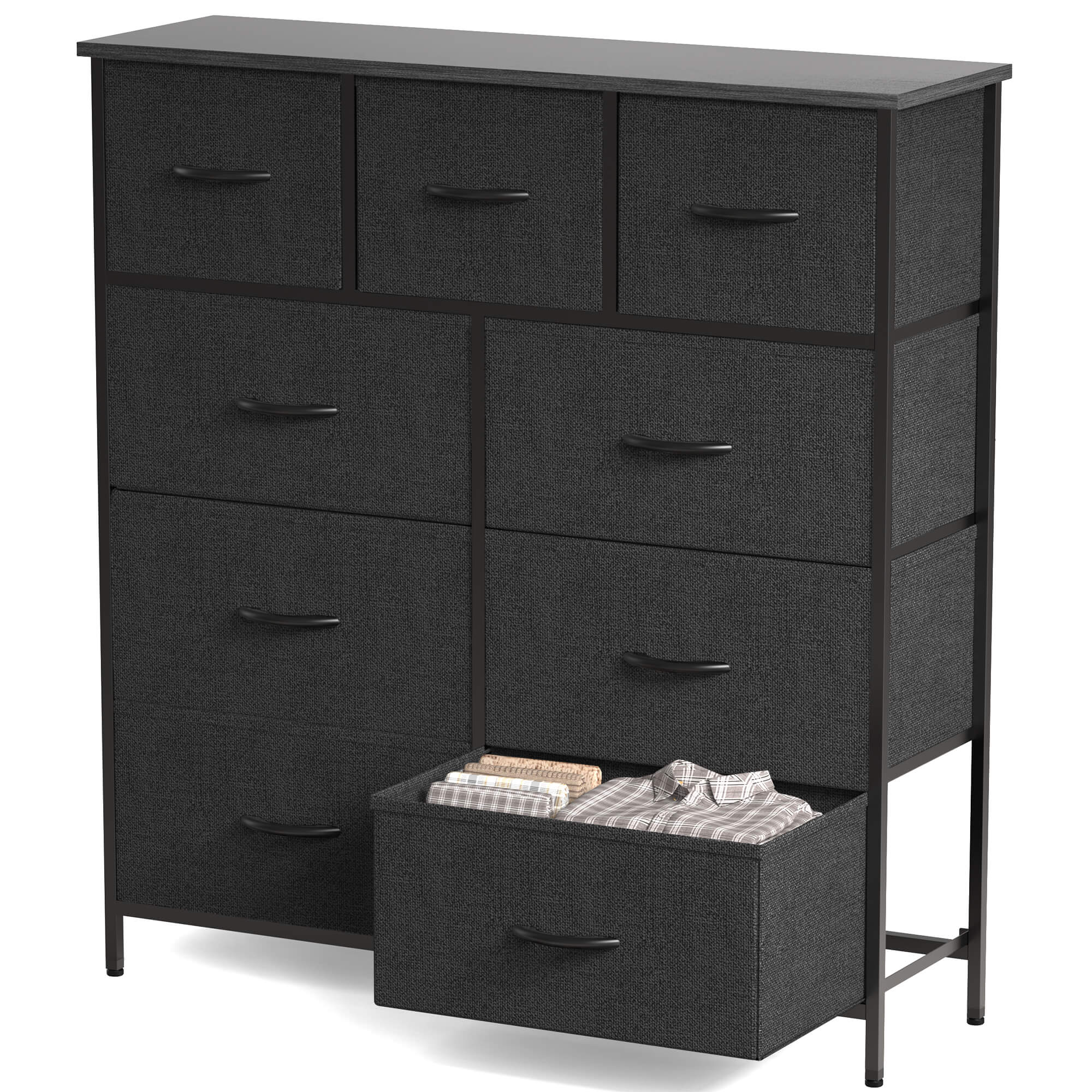 Hohe Dresser Fabric Storage Tower mit 9 Fabric Bins Schubladen, hölzerne Top für Kinderzimmer, Schrank, Eingang, Kinderzimmer