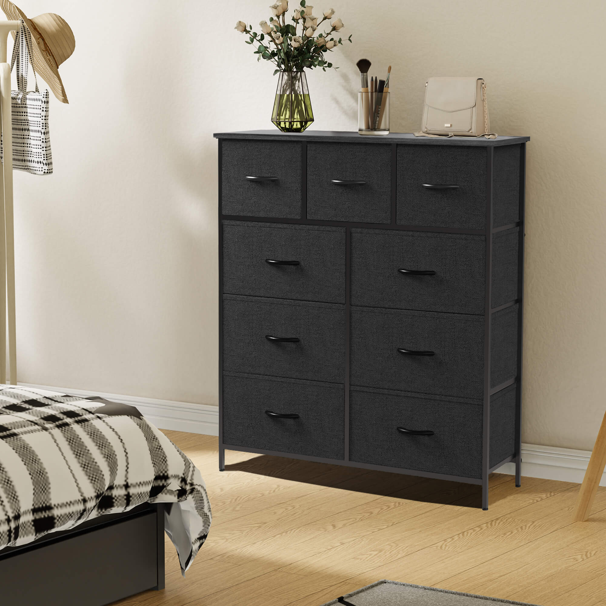 Hohe Dresser Fabric Storage Tower mit 9 Fabric Bins Schubladen, hölzerne Top für Kinderzimmer, Schrank, Eingang, Kinderzimmer