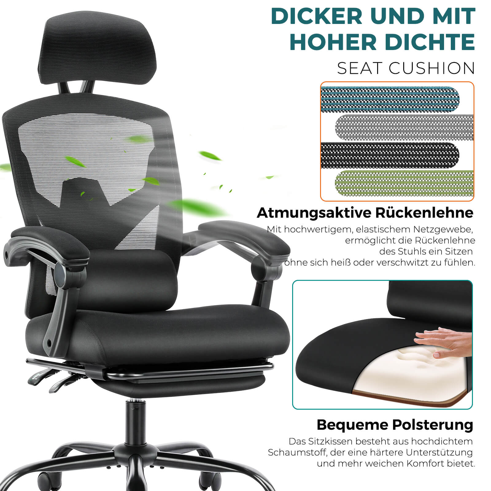 Einklappbare Fußstütze Ergonomischer Bürodrehstuhl mit Lendenstützkissen und gepolsterten Armlehnen
