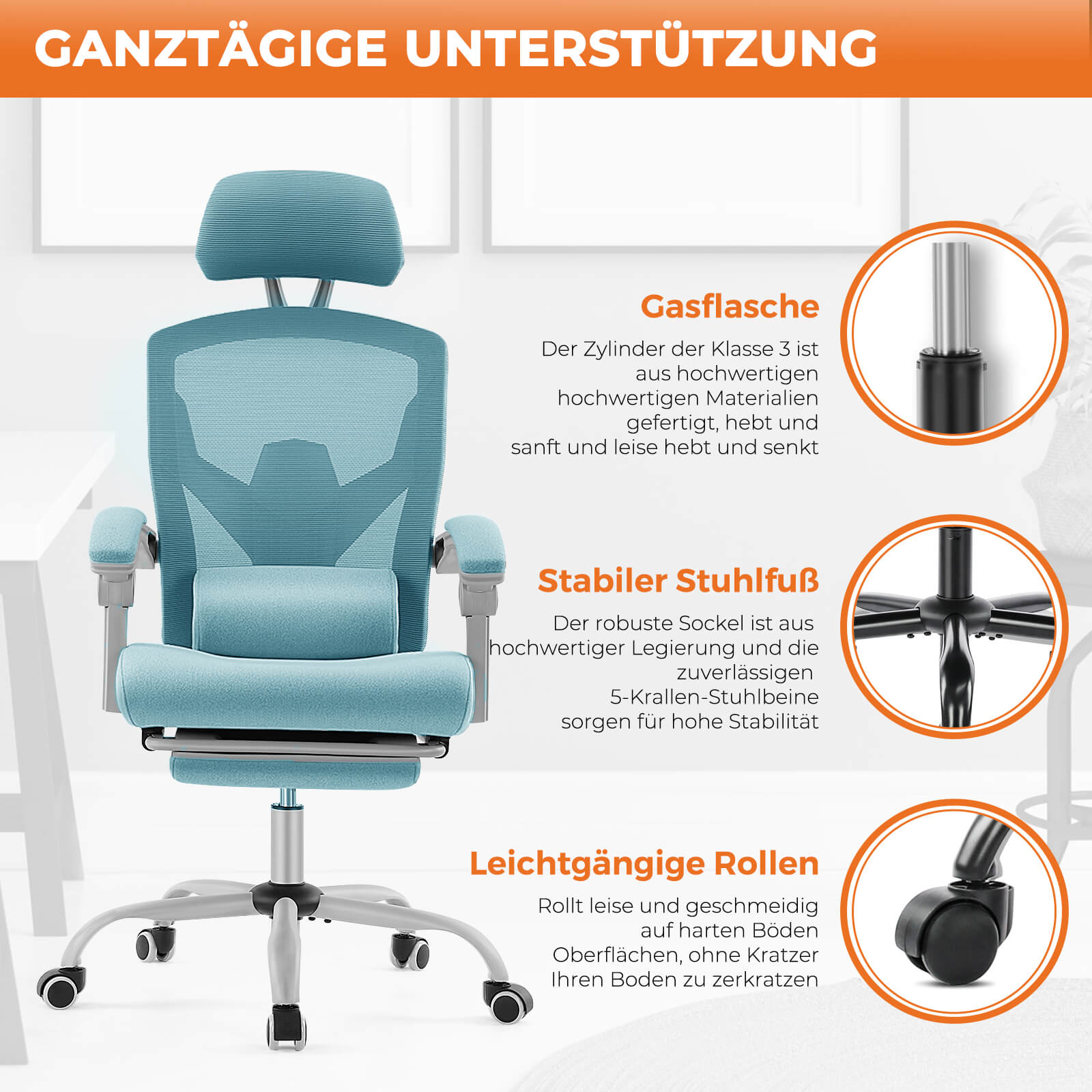 Einklappbare Fußstütze Ergonomischer Bürodrehstuhl mit Lendenstützkissen und gepolsterten Armlehnen