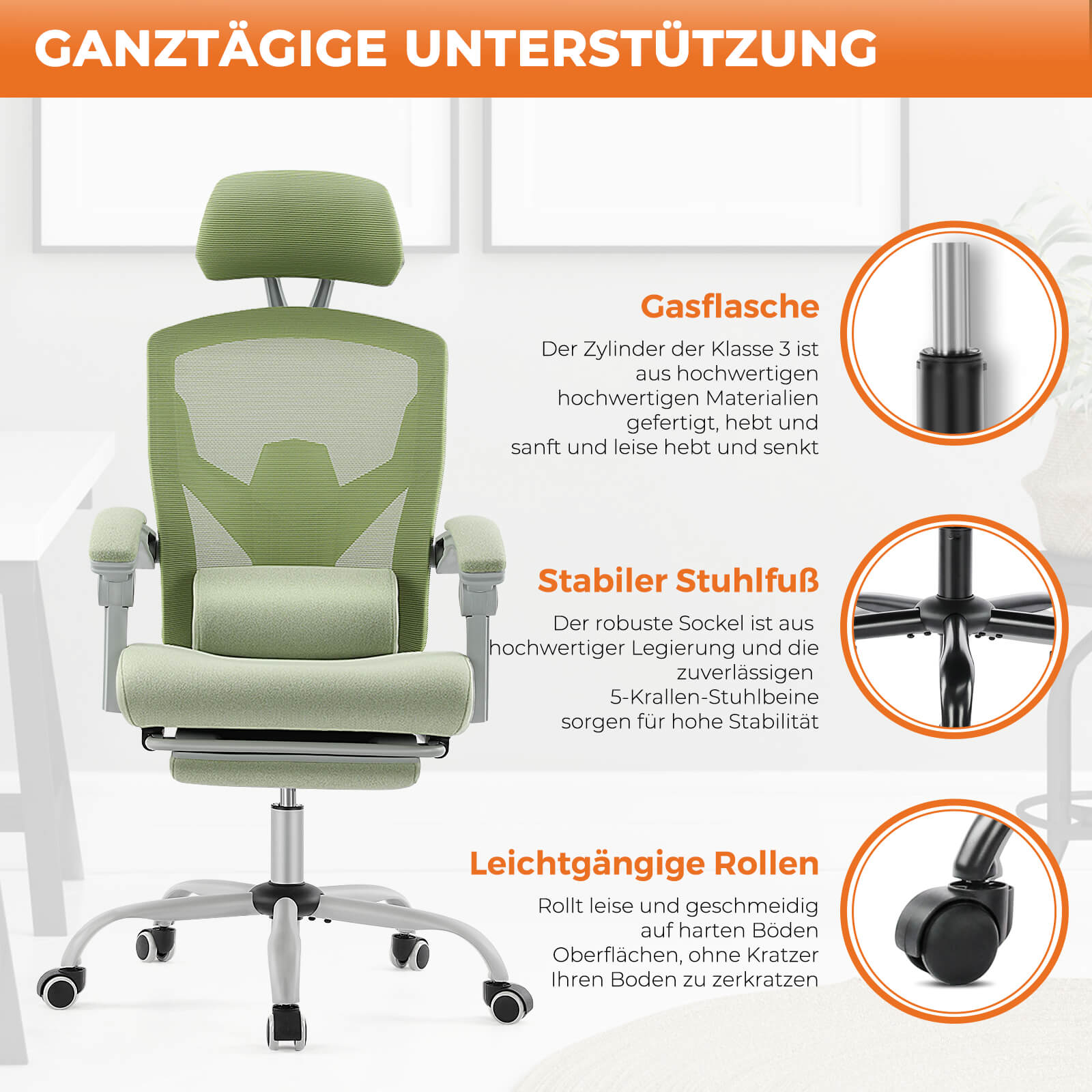 Einklappbare Fußstütze Ergonomischer Bürodrehstuhl mit Lendenstützkissen und gepolsterten Armlehnen