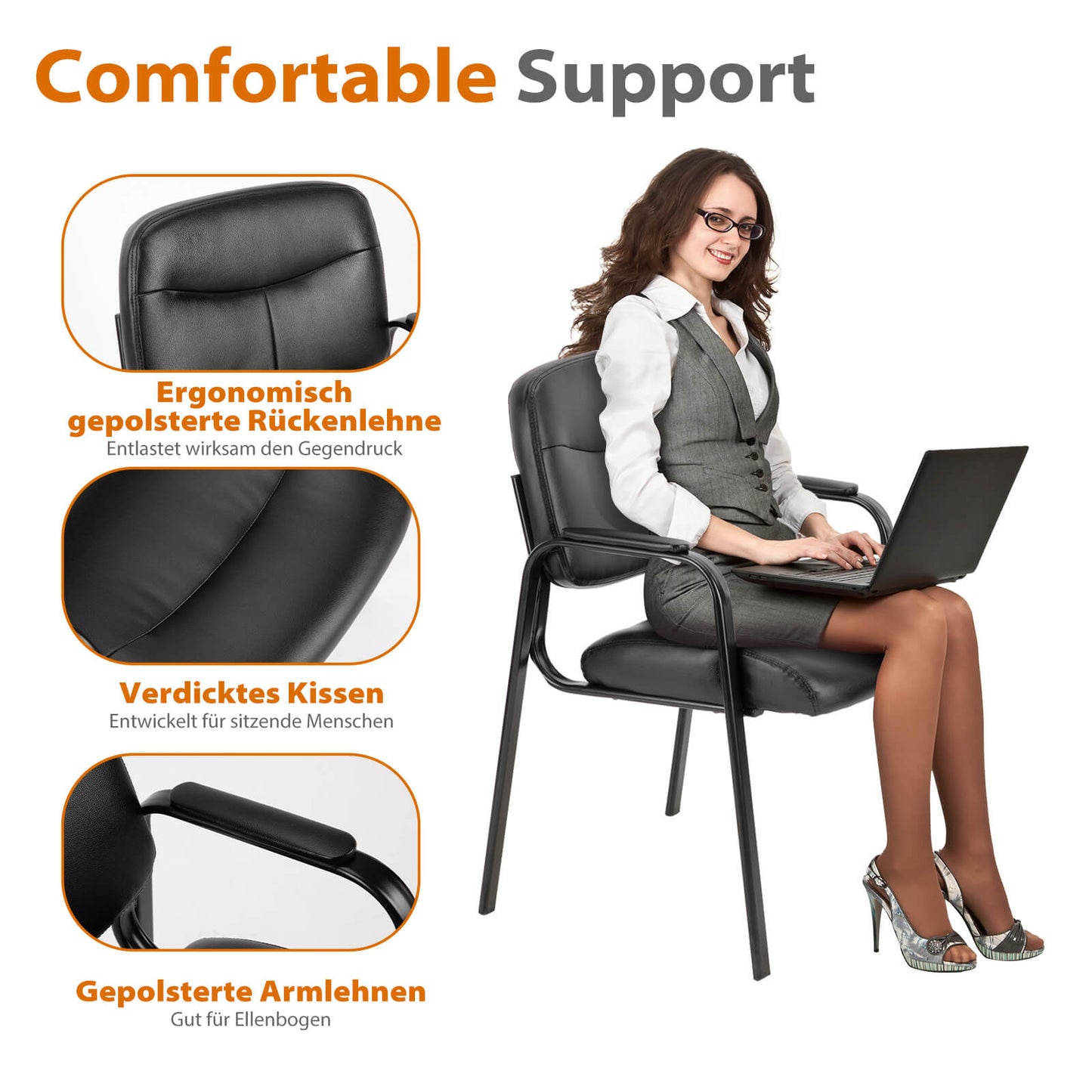 Sweetcrispy Robuster Leder Bürostuhl mit Metallbeinen für Office und Empfang