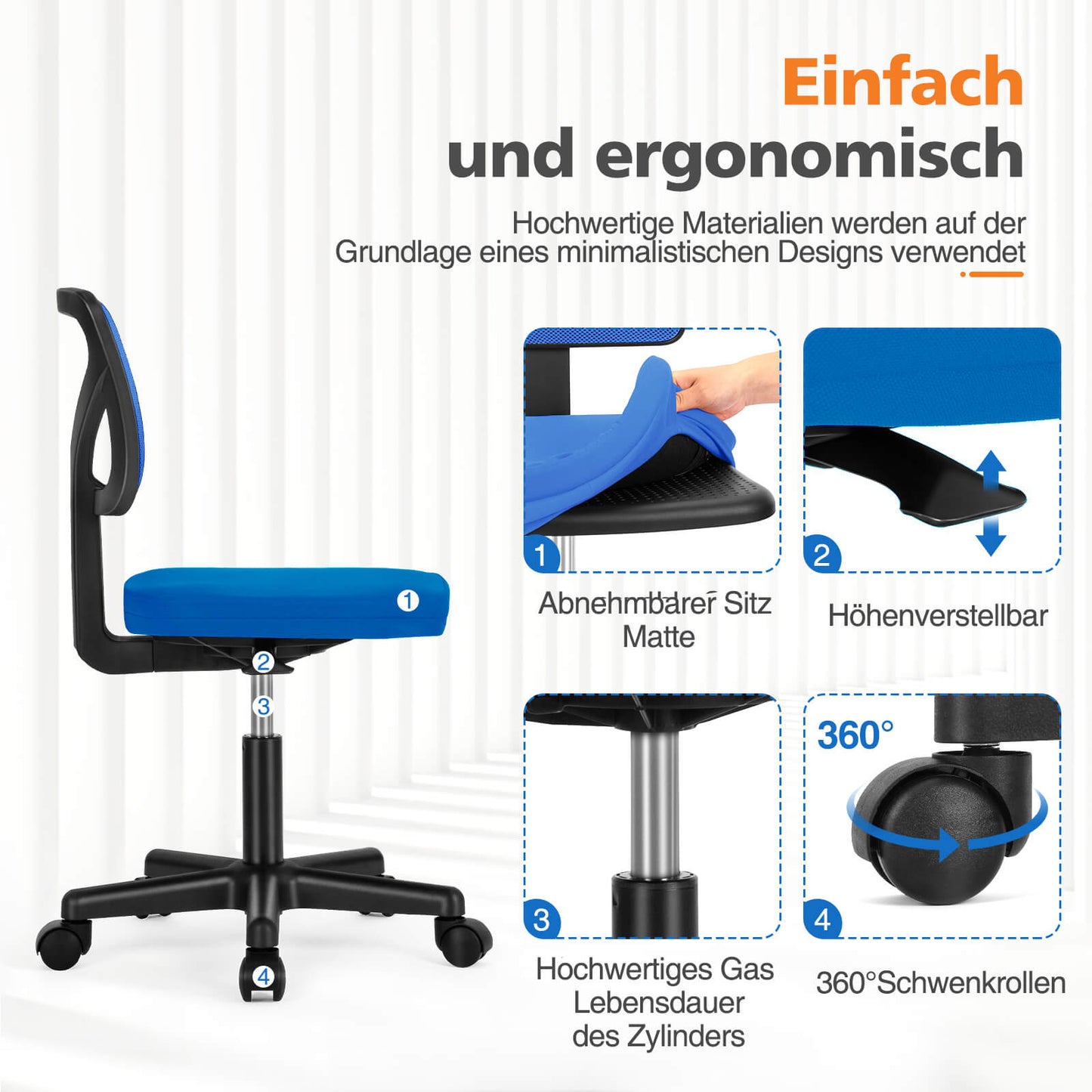 Sweetcrispy höhenverstellbarer Drehstuhl mit Rollen und Netzrücken für Büro