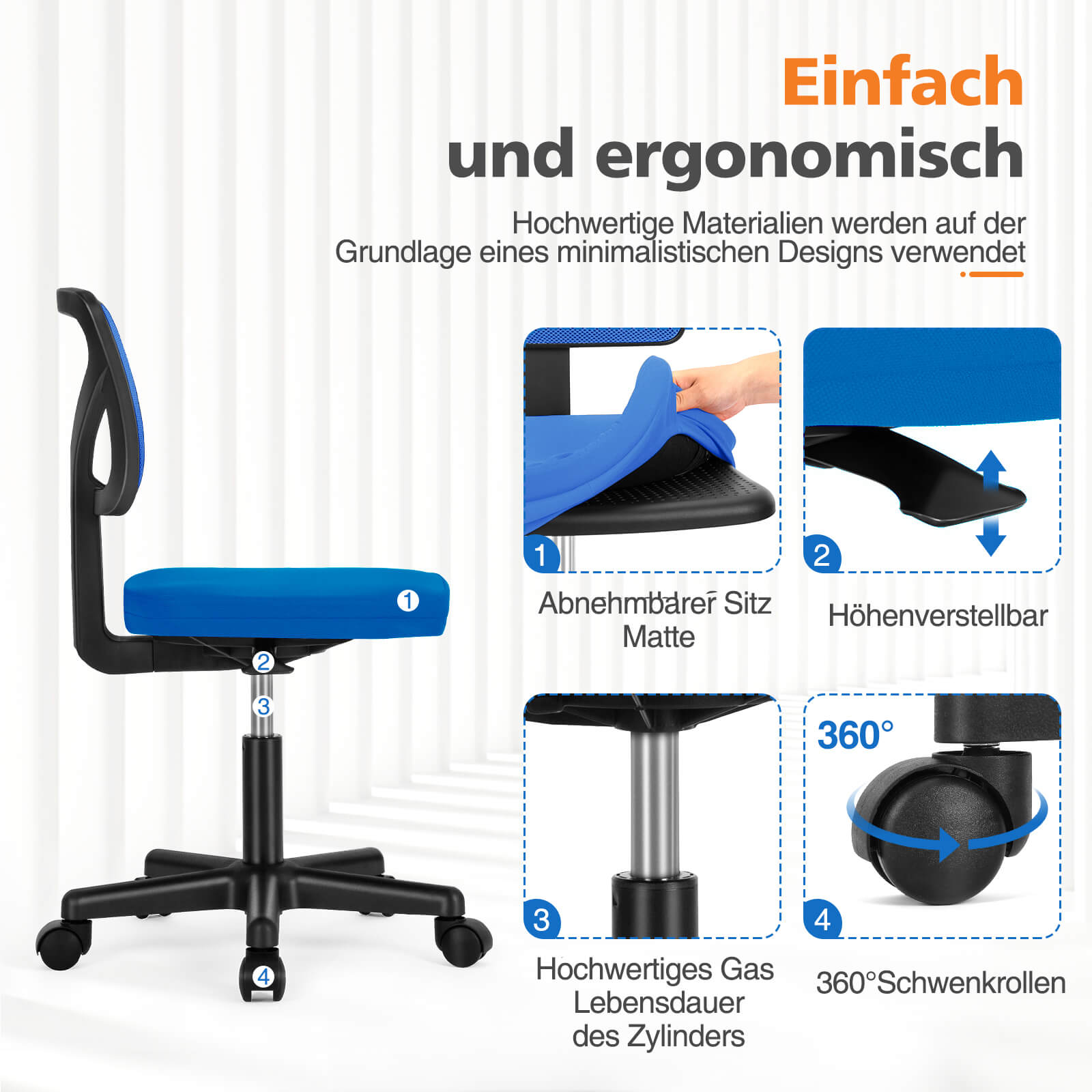 Low-Back Mesh Armless Office Chair,Swivel Rolling Computer Stuhl keine Arme mit Lendenwirbelstütze