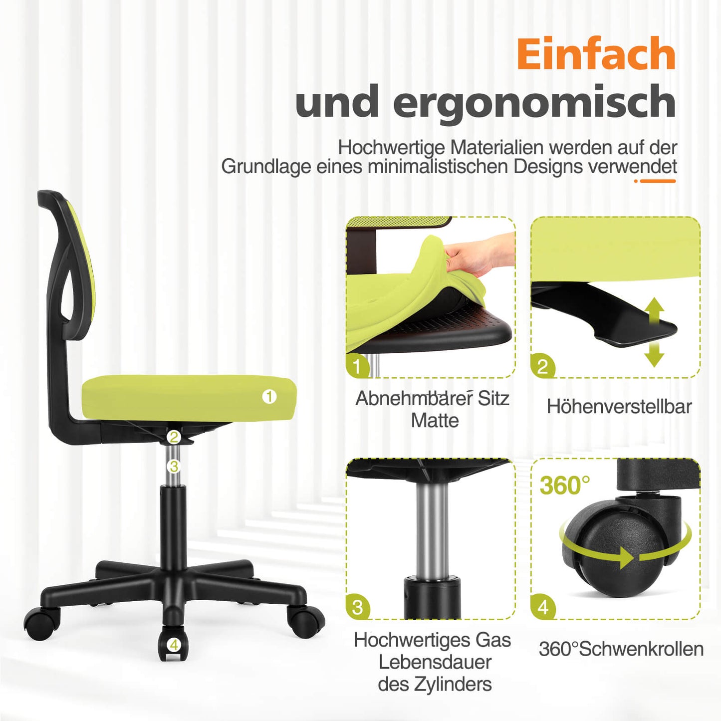 Sweetcrispy höhenverstellbarer Drehstuhl mit Rollen und Netzrücken für Büro