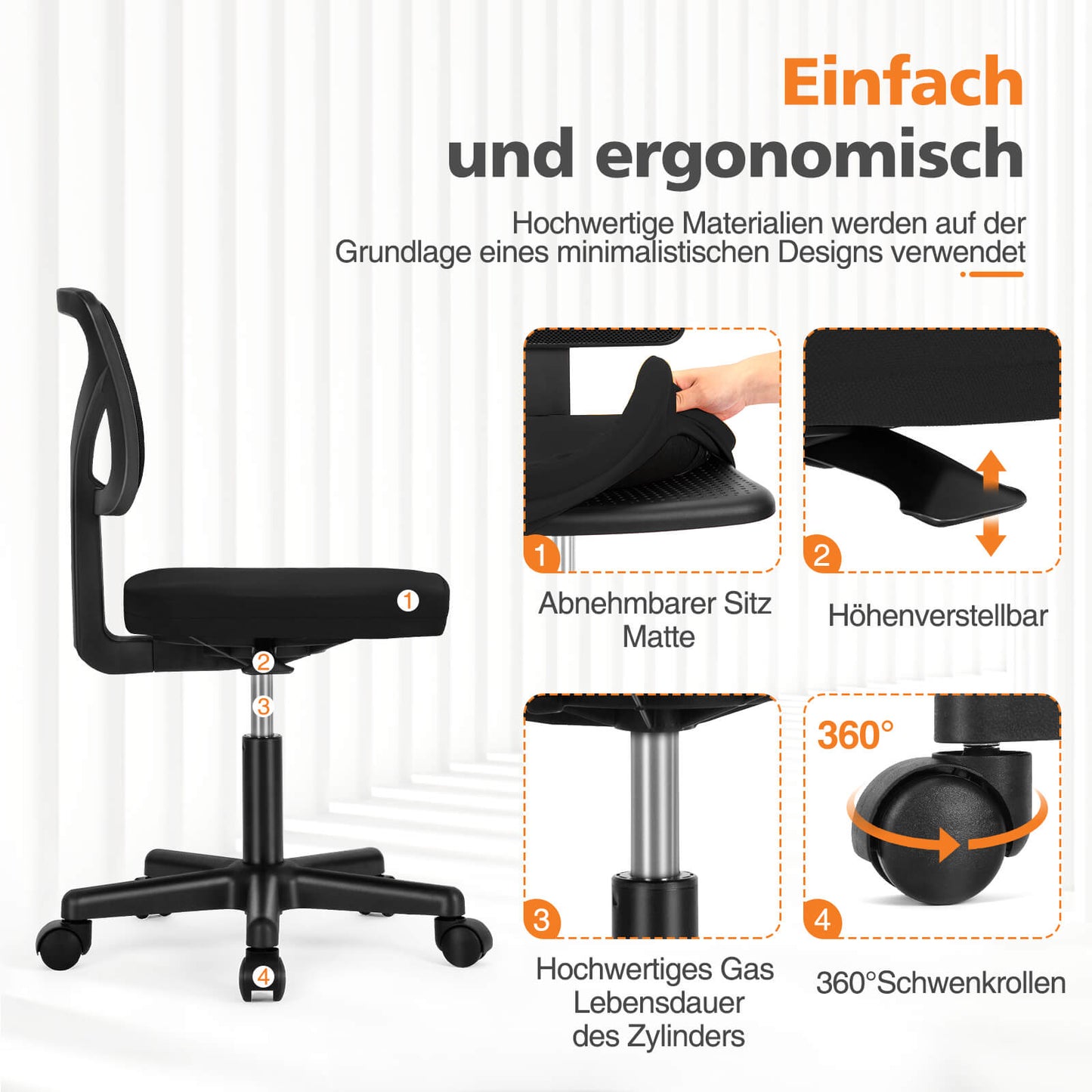 Sweetcrispy höhenverstellbarer Drehstuhl mit Rollen und Netzrücken für Büro