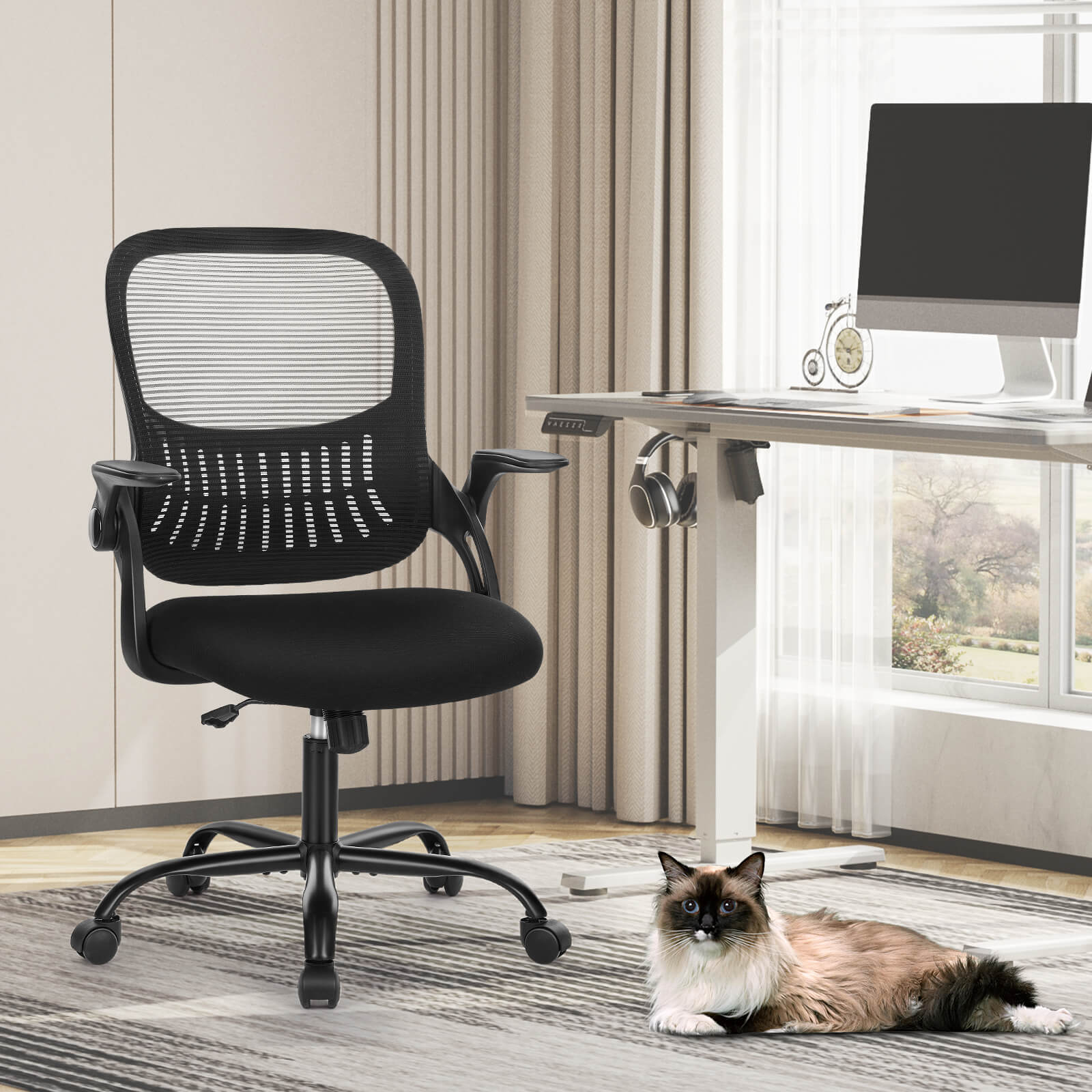 Ergonomische Home Mesh Office Schreibtischstühle mit Flip up Armlehnen, Lendenwirbelstütze