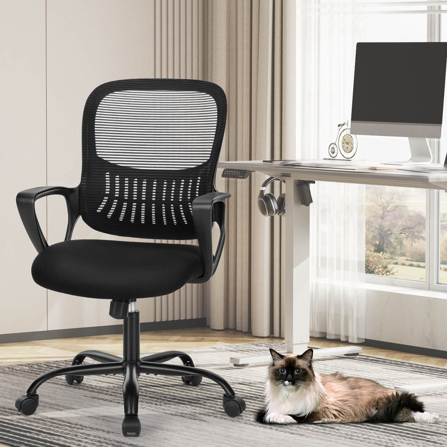 Sweetcrispy Bürostuhl mit Rollen und atmungsaktiver Netzrückenlehne, feste/verstellbare Armlehnen