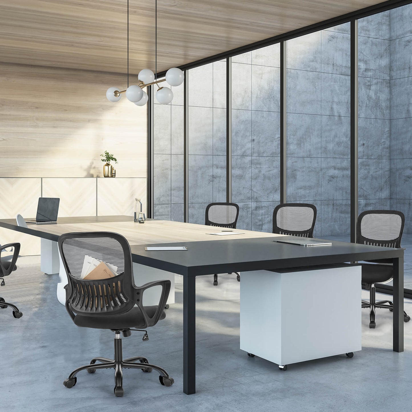 Sweetcrispy Bürostuhl mit Rollen und atmungsaktiver Netzrückenlehne, feste/verstellbare Armlehnen