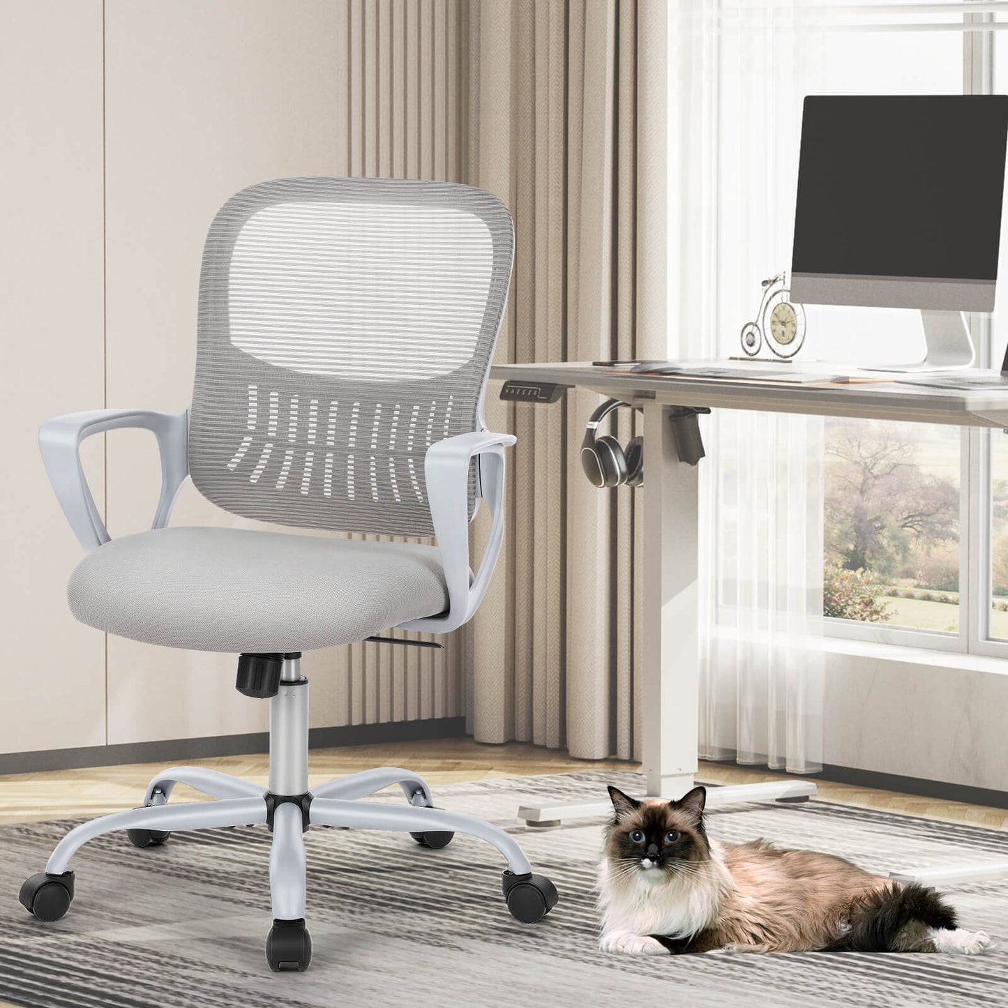 Sweetcrispy Bürostuhl mit Rollen und atmungsaktiver Netzrückenlehne, feste/verstellbare Armlehnen