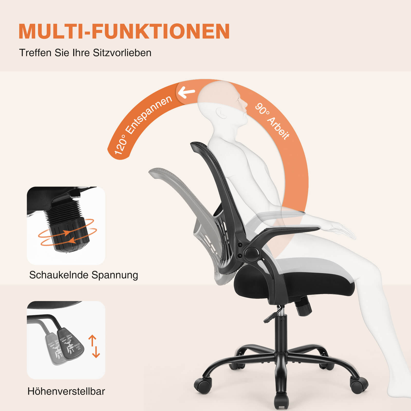 Ergonomische Home Mesh Office Schreibtischstühle mit Flip up Armlehnen, Lendenwirbelstütze