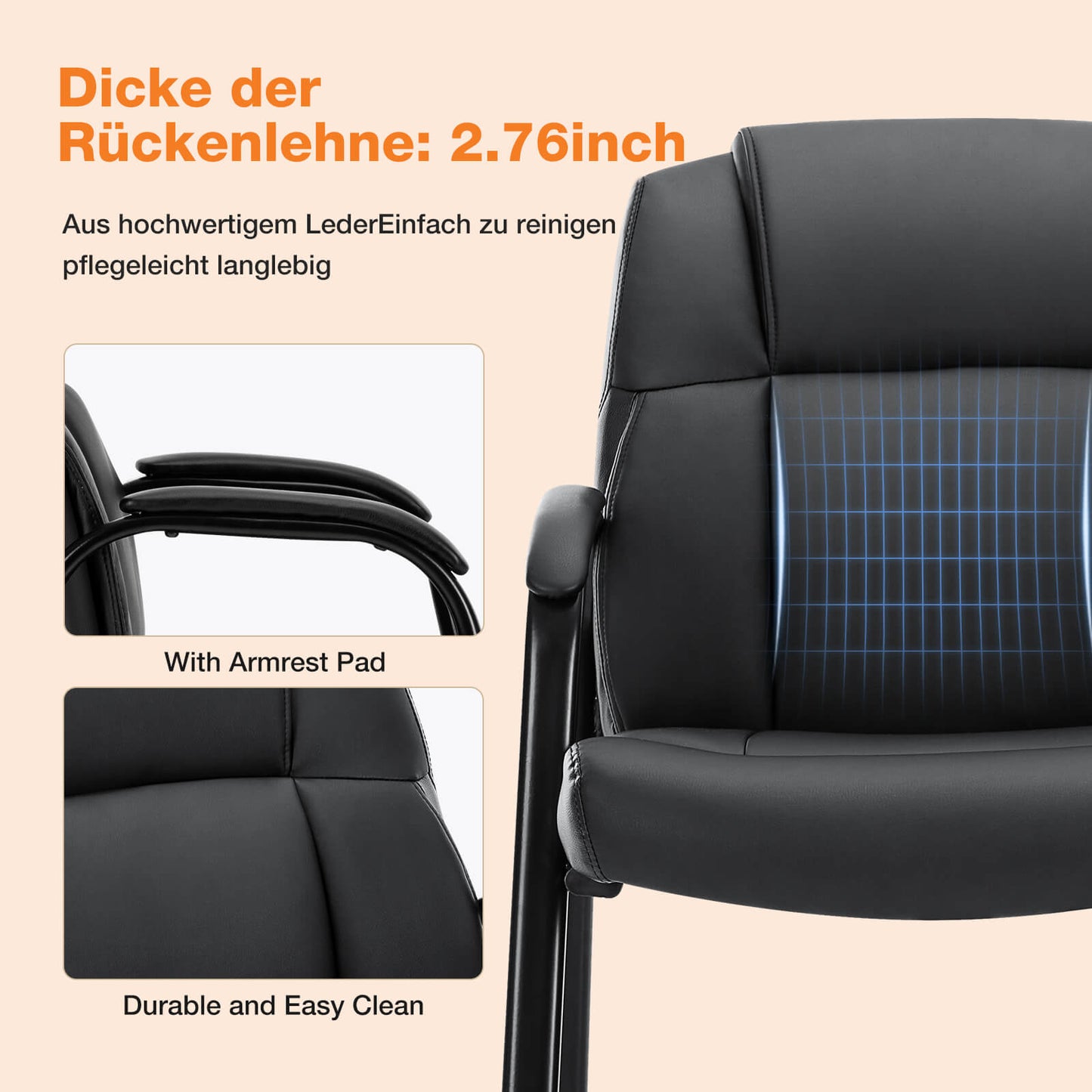 Sweetcrispy PU-Leder gepolsterter Bürostuhl mit Armlehnen und Metallgestell für Büro und Empfang