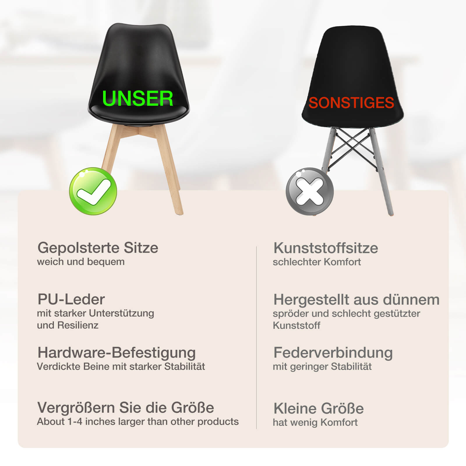 PU Leder gepolsterte Esszimmerstühle mit Holzbeinen, 4er Set für Küche, Esszimmer, Wohnzimmer