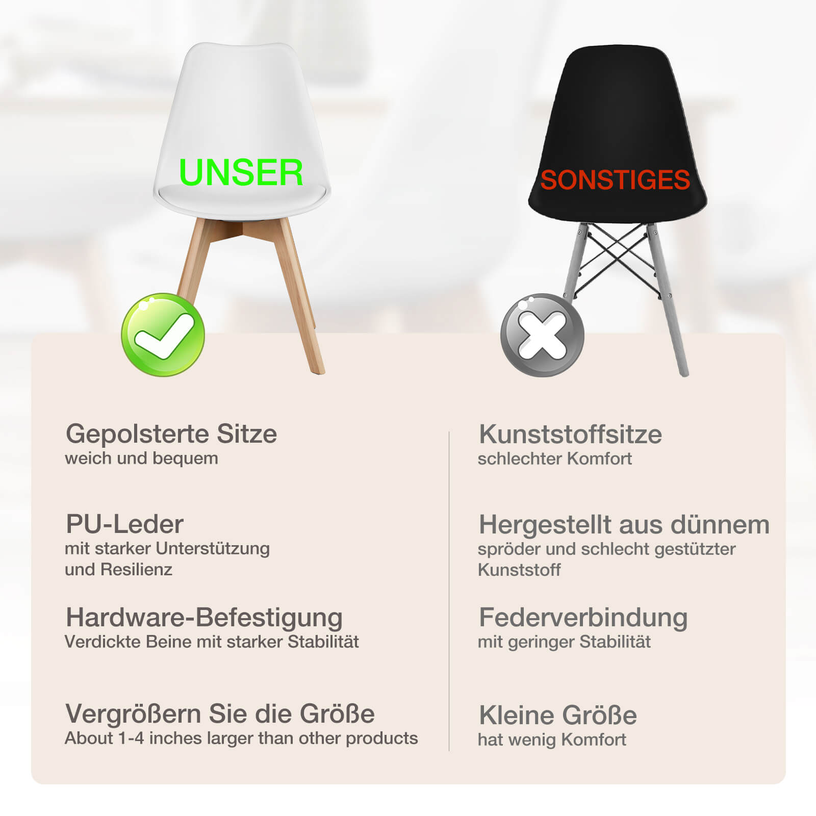 PU Leder gepolsterte Esszimmerstühle mit Holzbeinen, 4er Set für Küche, Esszimmer, Wohnzimmer