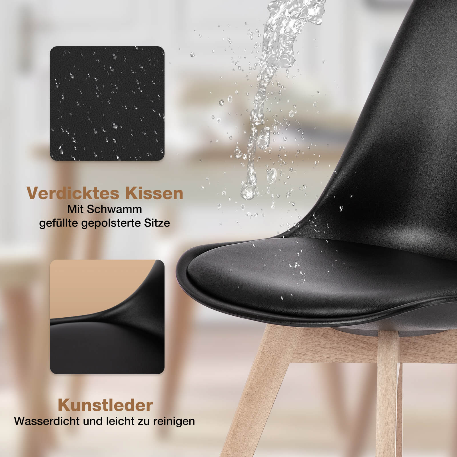 PU Leder gepolsterte Esszimmerstühle mit Holzbeinen, 4er Set für Küche, Esszimmer, Wohnzimmer