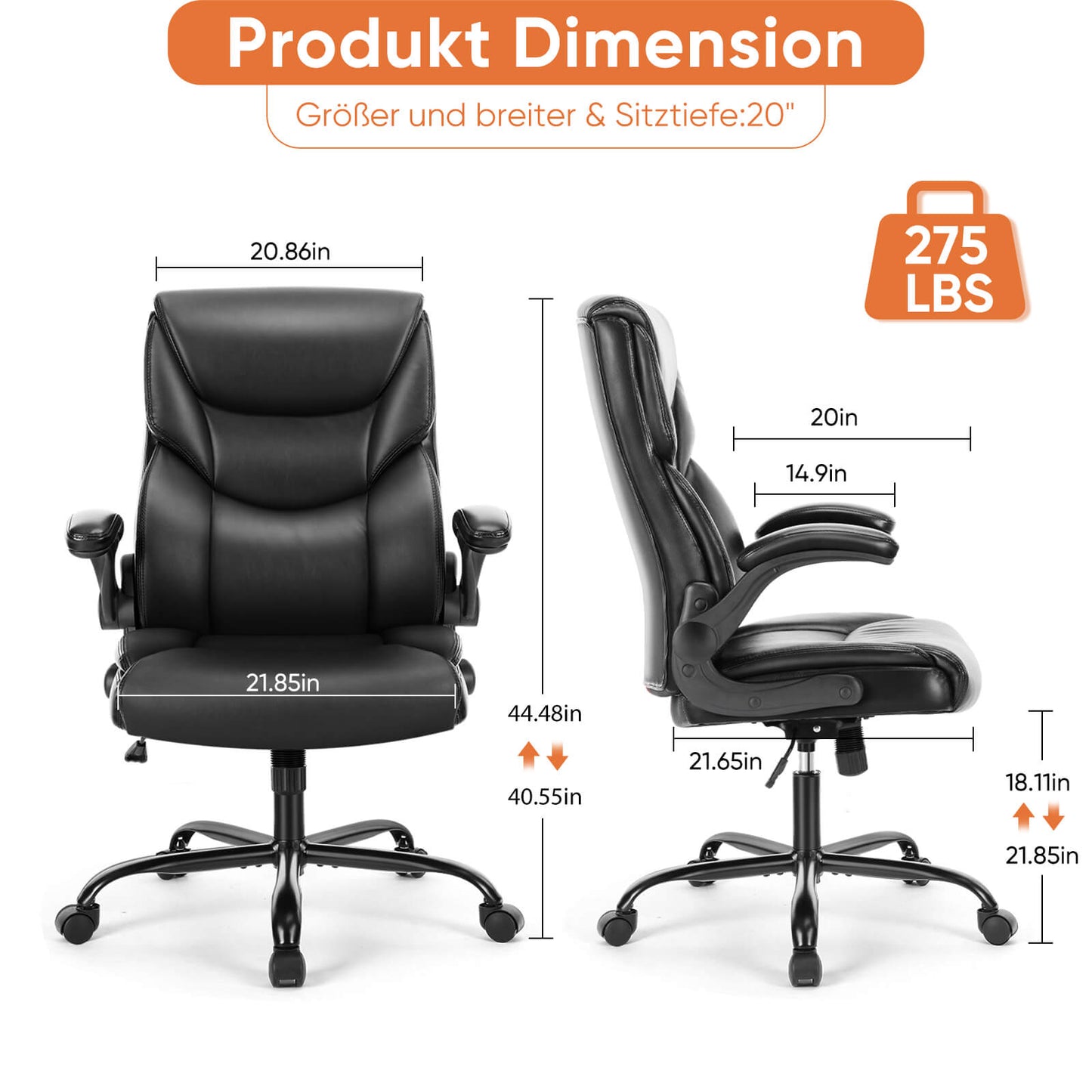 Sweetcrispy ergonomischer höhenverstellbarer PU-Leder Bürostuhl mit klappbaren Armlehnen und Rollen für Büro