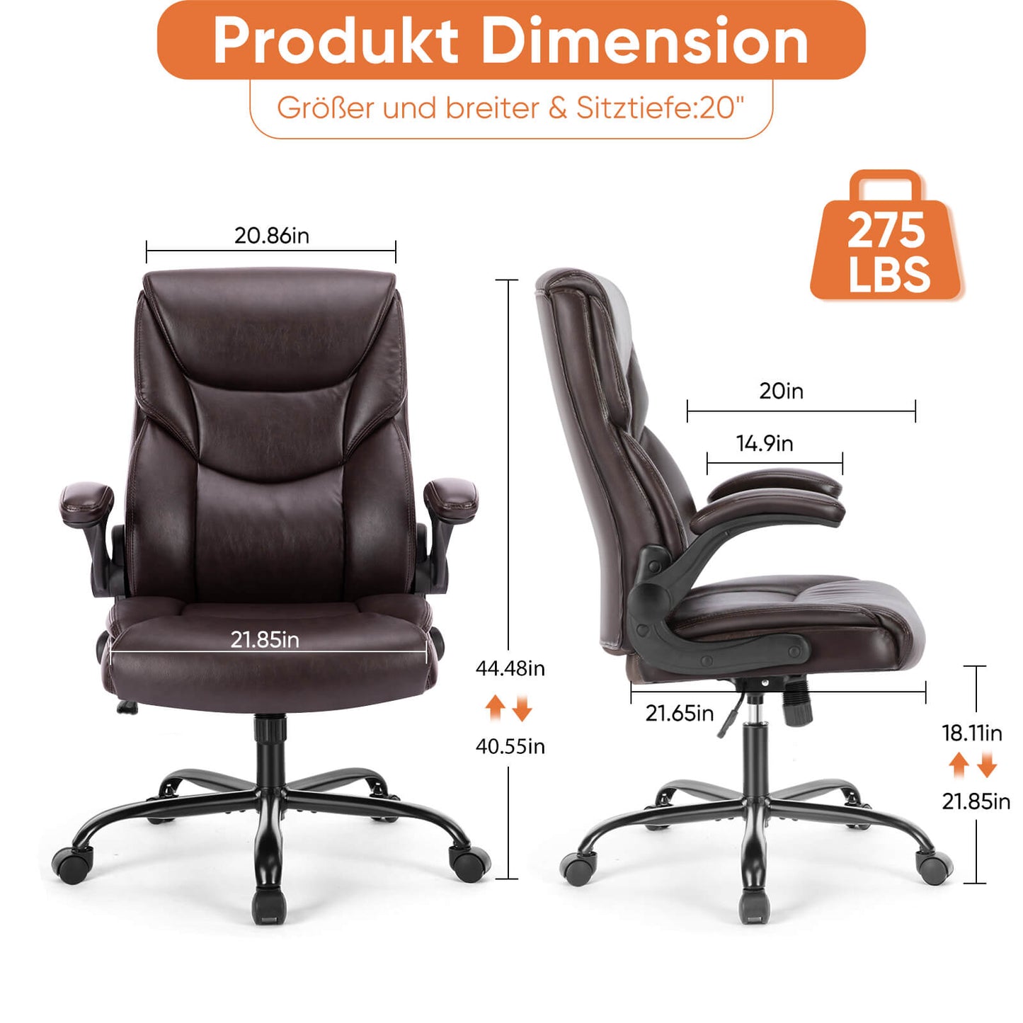 Sweetcrispy ergonomischer höhenverstellbarer PU-Leder Bürostuhl mit klappbaren Armlehnen und Rollen für Büro