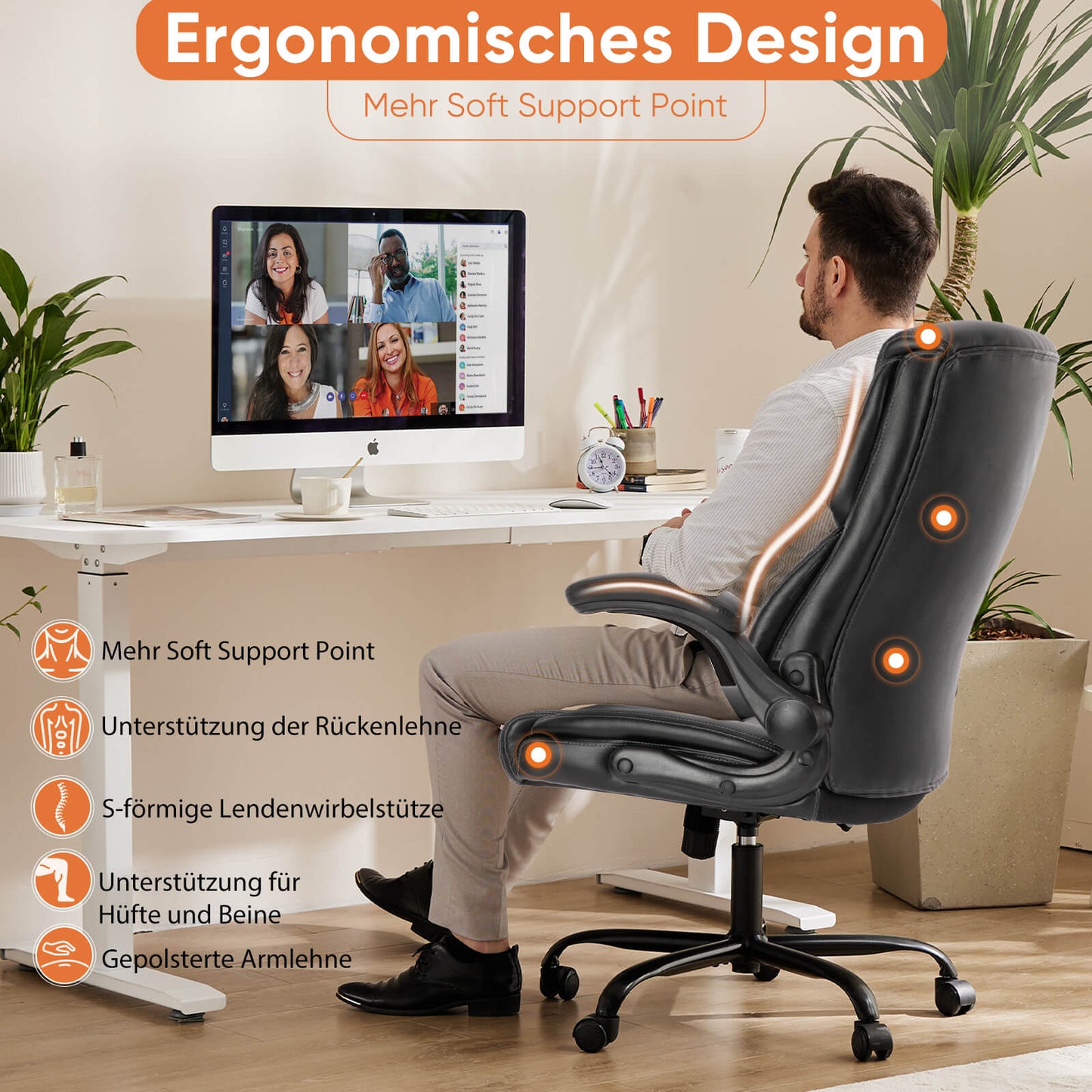 Sweetcrispy ergonomischer höhenverstellbarer PU-Leder Bürostuhl mit klappbaren Armlehnen und Rollen für Büro