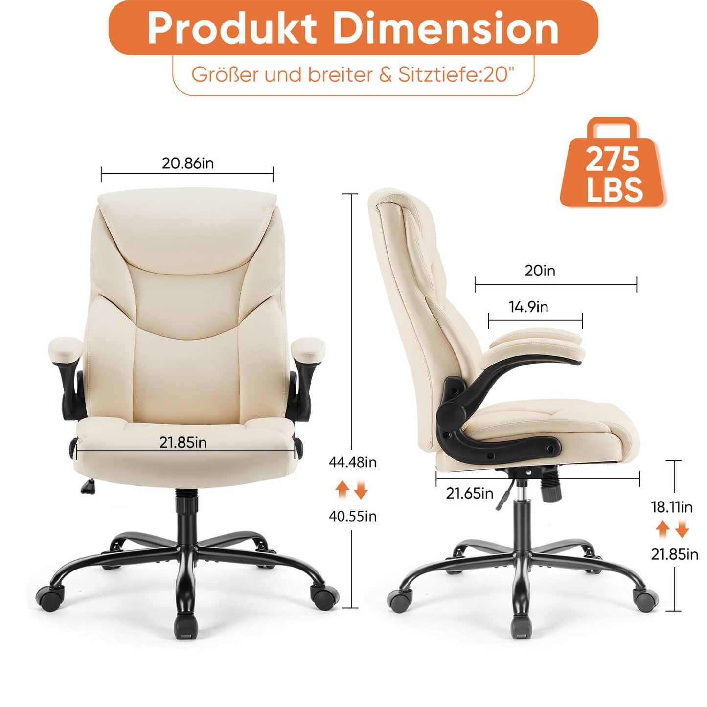 Sweetcrispy ergonomischer höhenverstellbarer PU-Leder Bürostuhl mit klappbaren Armlehnen und Rollen für Büro