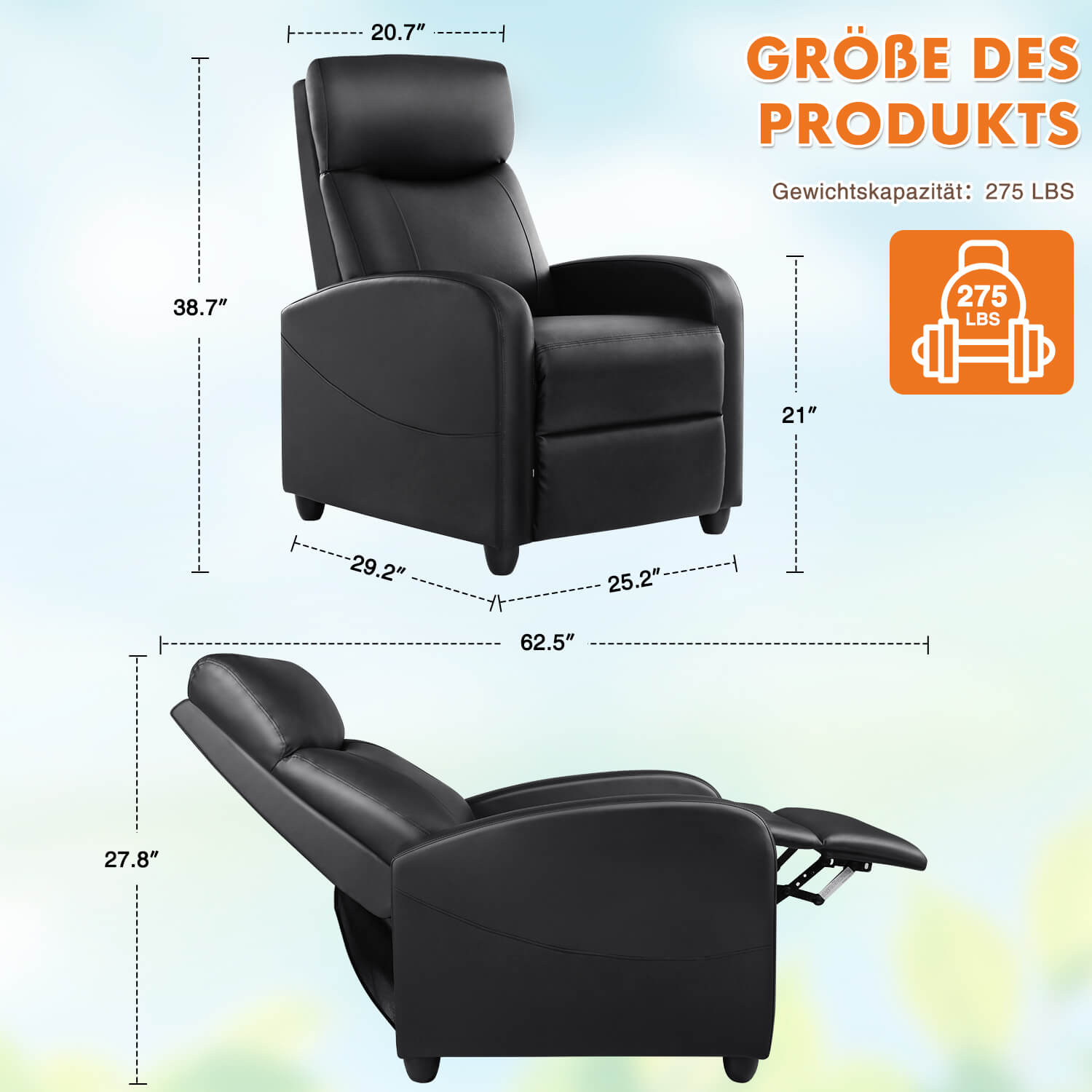 Manual Recliner Chair Winback Single Sofa, Massage und Heizung, Casual Stuhl für Wohnzimmer