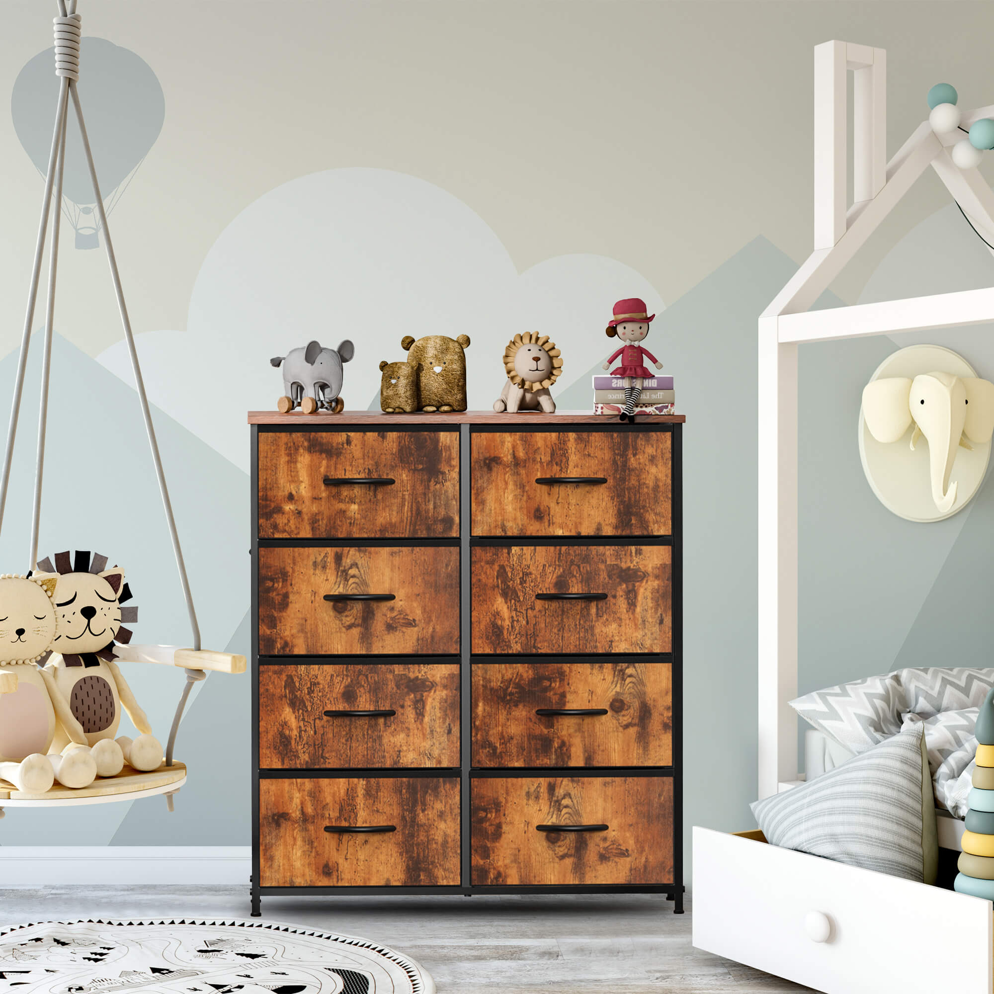 Hohe Dresser Fabric Storage Tower mit 8 Fabric Bins Schubladen, hölzerne Top für Kinderzimmer, Schrank, Eingang, Kinderzimmer