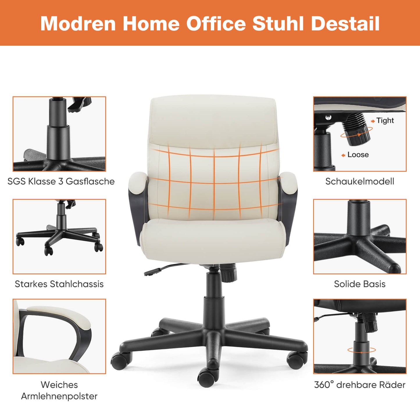 Sweetcrispy drehbarer gepolsterter Schreibtischstuhl mit Rollen für Büro