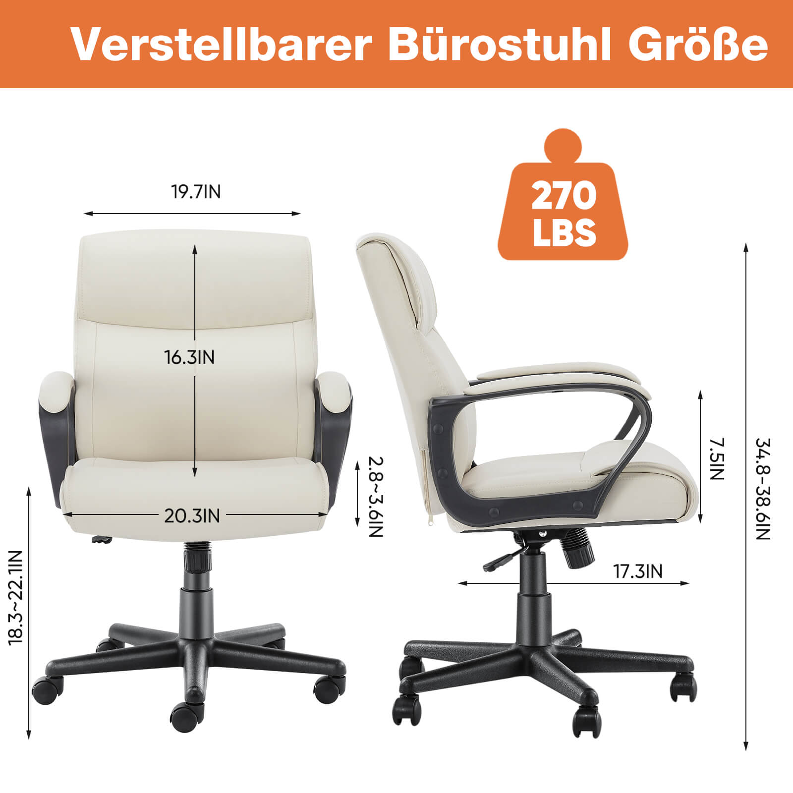 Verstellbarer Computer-Schreibtischstuhl mit Lendenwirbelstütze, gepolsterte Armlehne, drehbar und rollbar