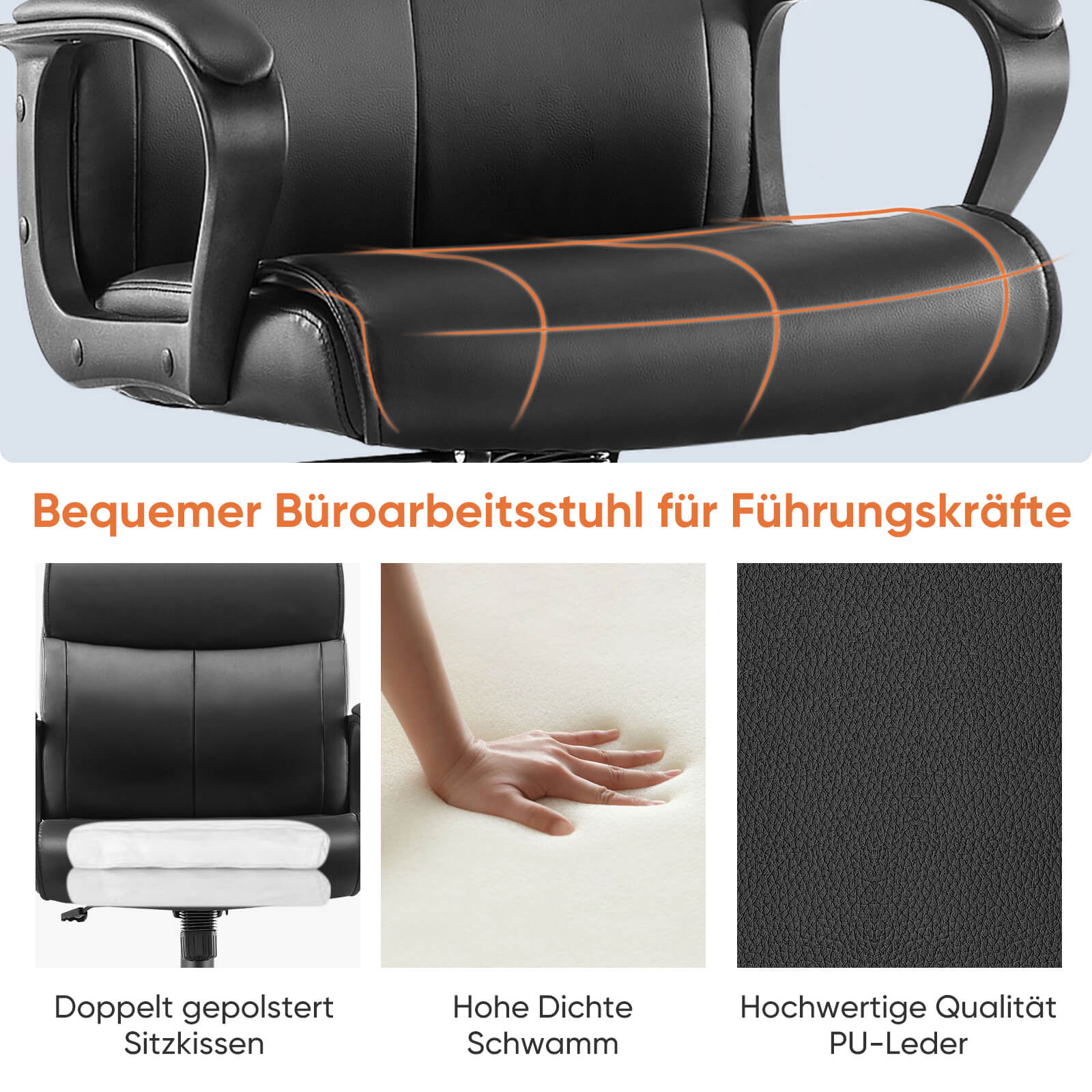 Verstellbarer Computer-Schreibtischstuhl mit Lendenwirbelstütze, gepolsterte Armlehne, drehbar und rollbar