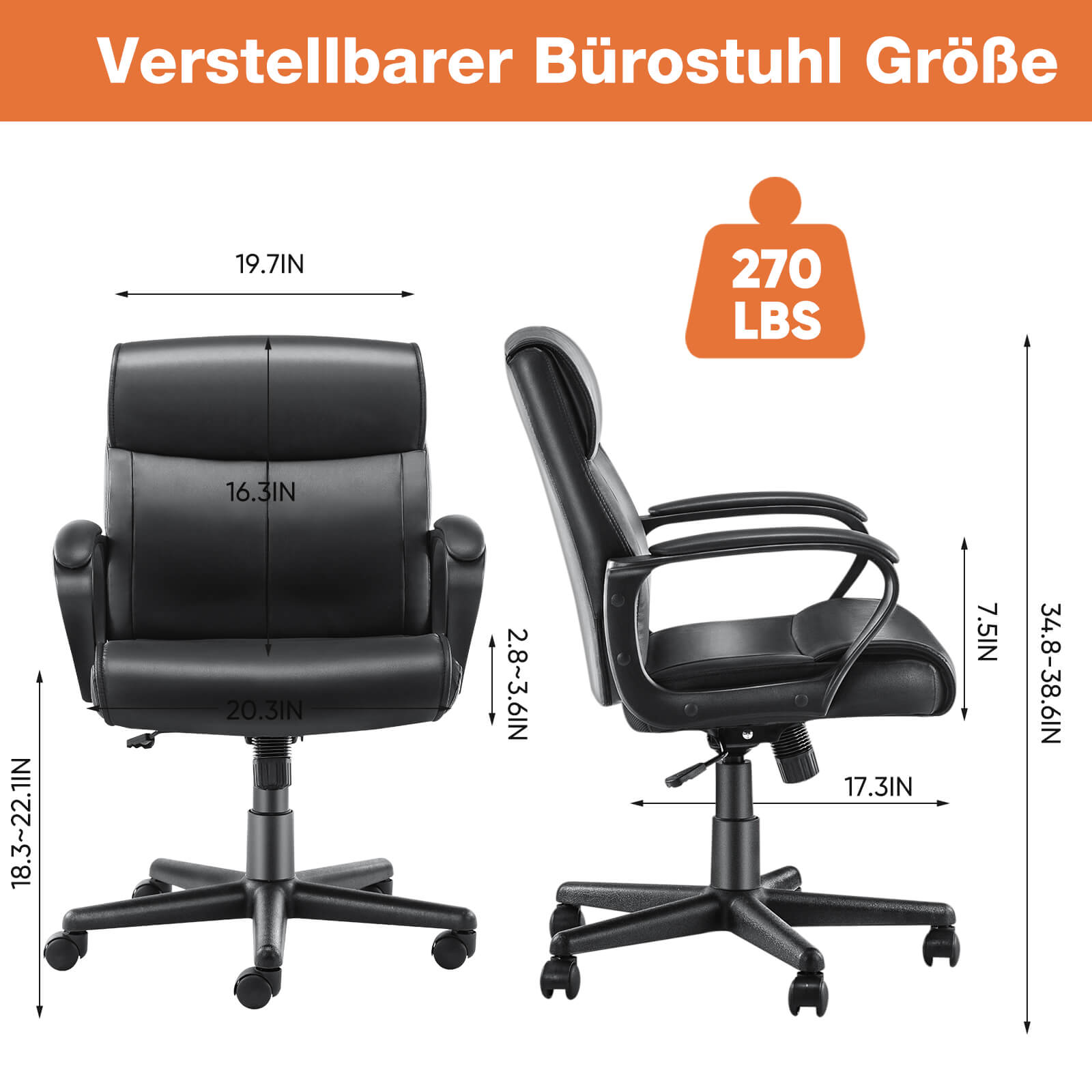 Verstellbarer Computer-Schreibtischstuhl mit Lendenwirbelstütze, gepolsterte Armlehne, drehbar und rollbar